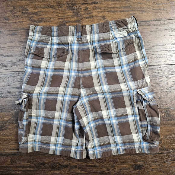 Y2K Abercrombie & Fitch Brown Blue Plaid Heavy Cotton Baggy Cargo Shorts Size 36 - Picture 2 of 10